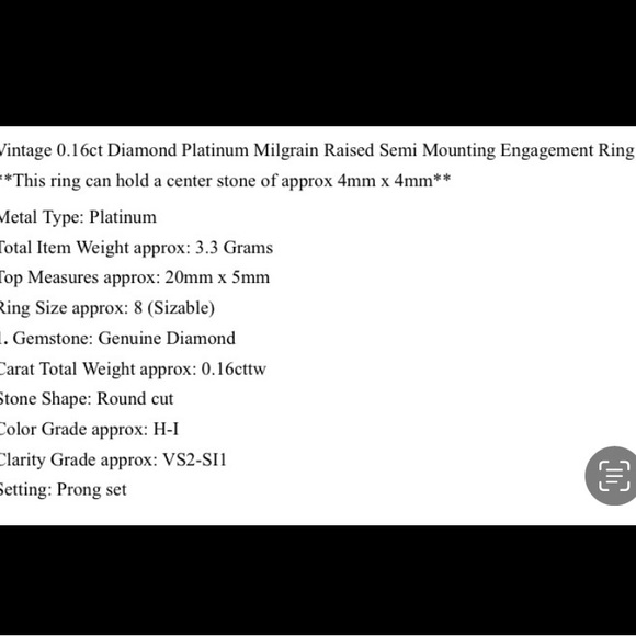 Diamond platinum milgrain raised semi mounting engagement ring. - Picture 4 of 4